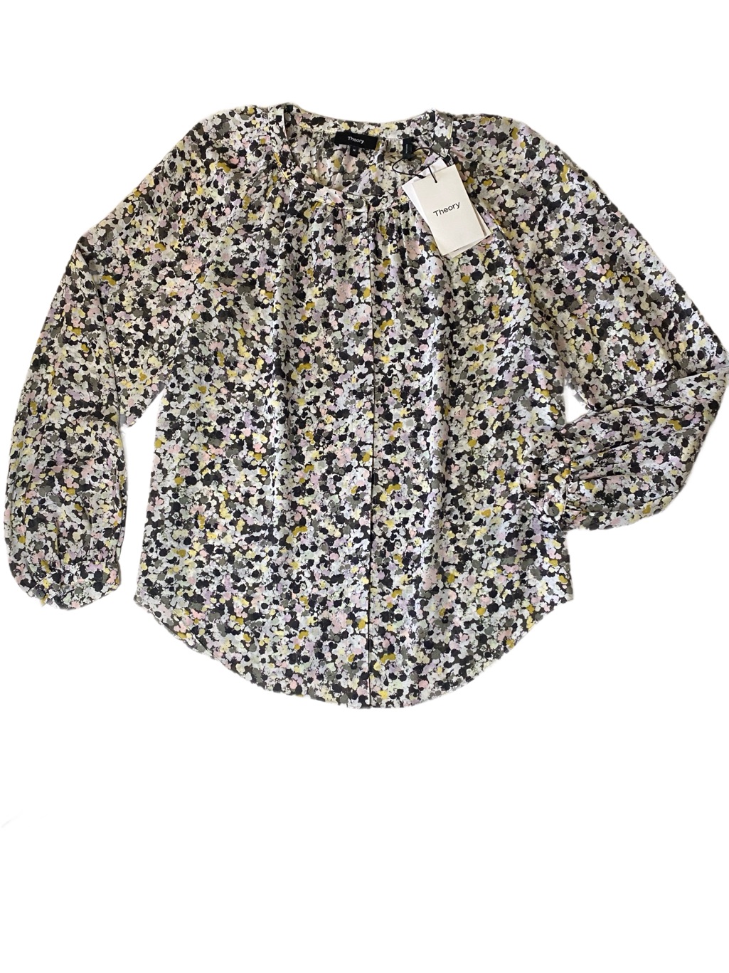 Nwt Theory Romantic Silk Crepe Blouse/Semi Sheer/ Billowed Long-Sleeve / Size M